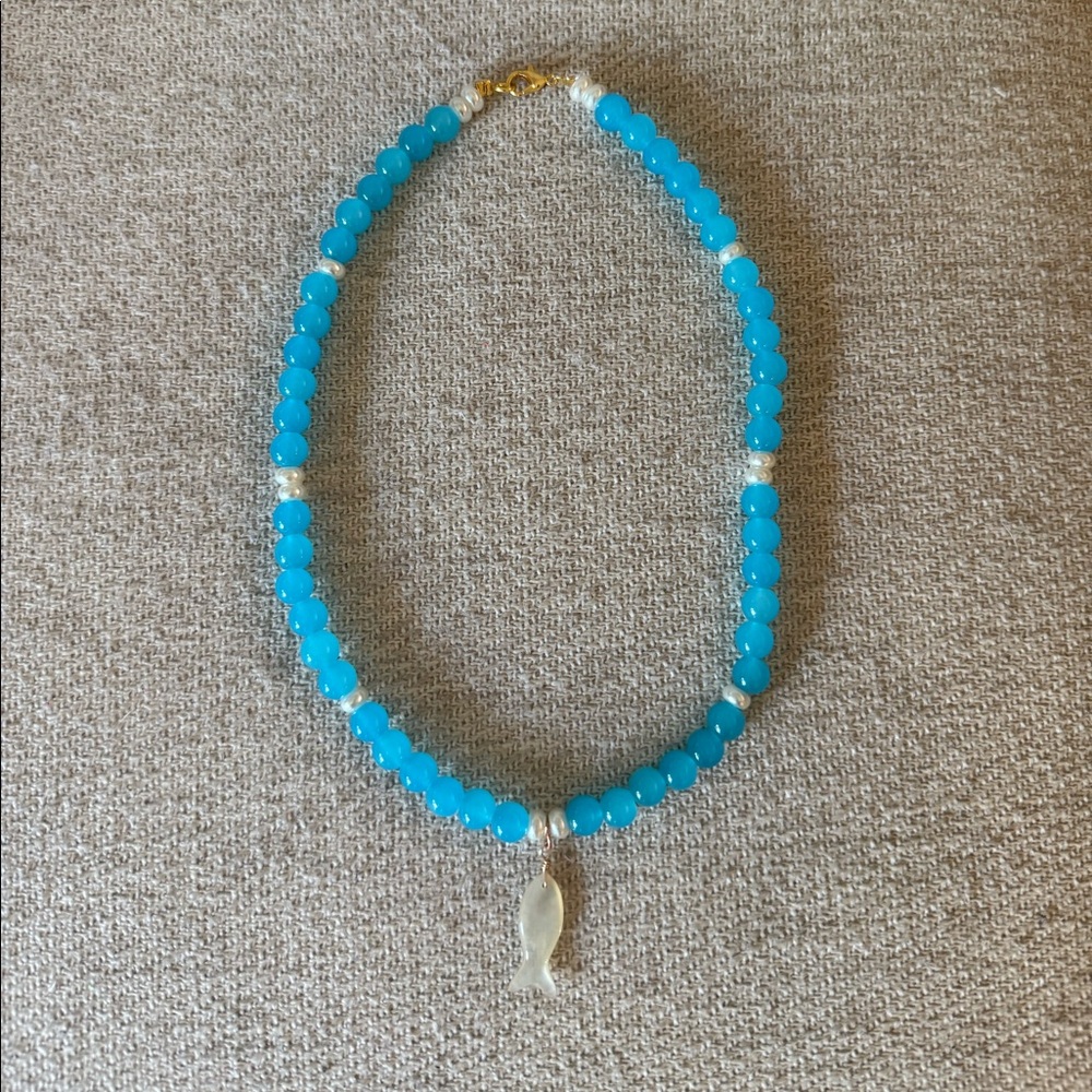 Turquoise Beaded Necklace with Silver Fish Pendant